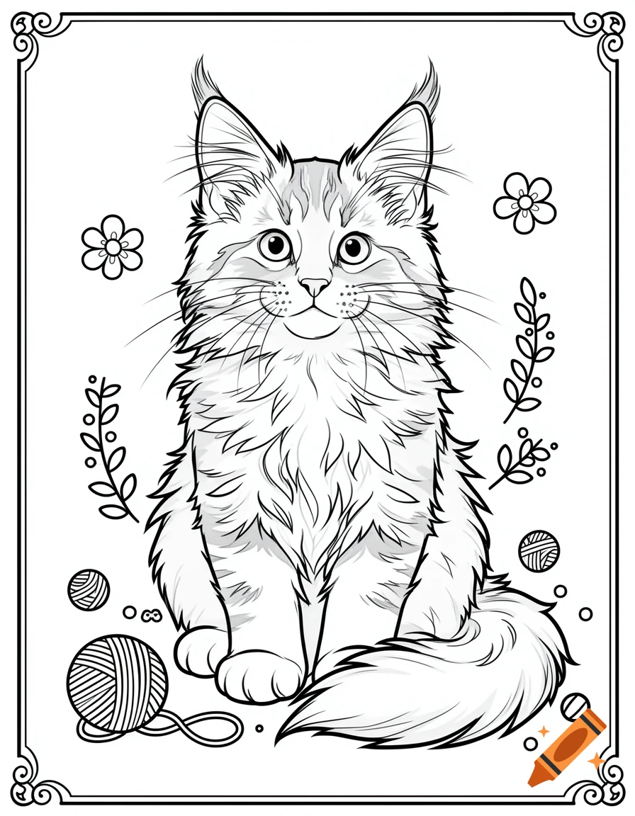 Black and white line art coloring page of a fluffy Maine Coon kitten surrounded by flowers and yarn balls.