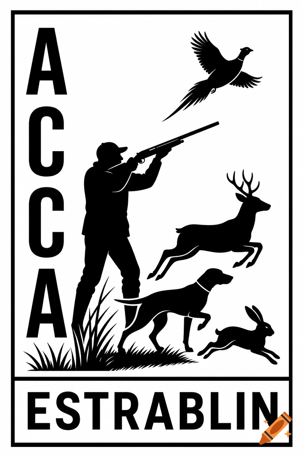 Vertical minimalist black and white hunting logo featuring a hunter, dog, pheasant, deer, and hare silhouettes with ACCA ESTRABLIN text.