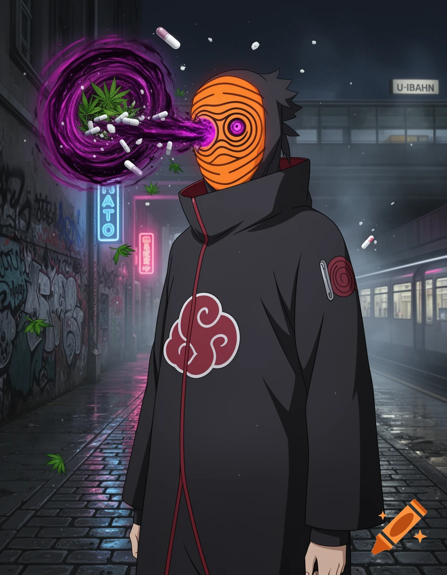 Anime style illustration of Tobi from Naruto wearing an Akatsuki coat in a Berlin alley, absorbing pills and cannabis leaves into his Kamui eye.