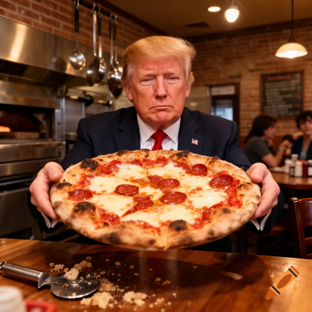 Photorealistic image of Donald Trump holding out a freshly baked pepperoni pizza in a restaurant kitchen.