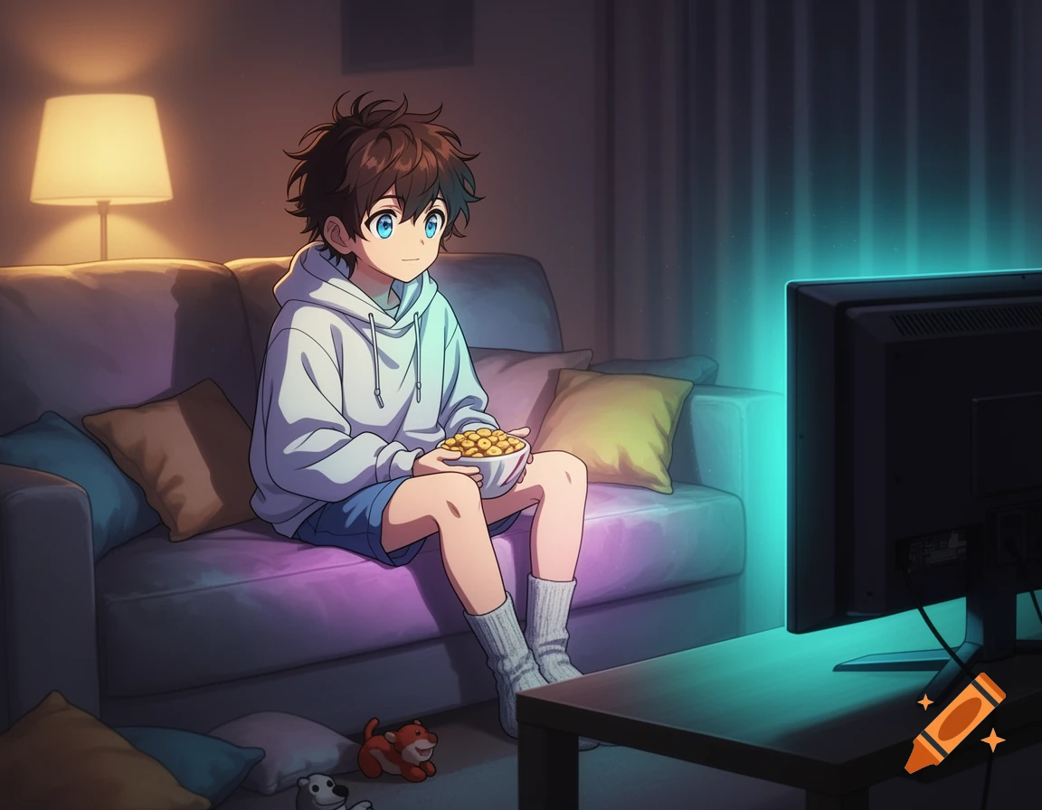 Anime style illustration of a young boy sitting on a purple couch, holding a bowl of snacks and watching television in a dimly lit living room.