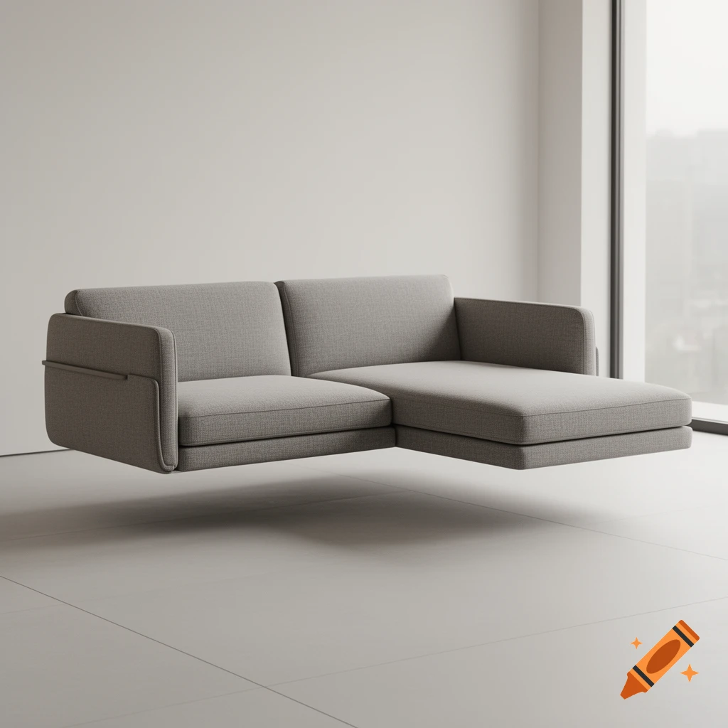 Photorealistic image of a minimalist modern grey sectional sofa floating above a light grey tiled floor against a white wall.