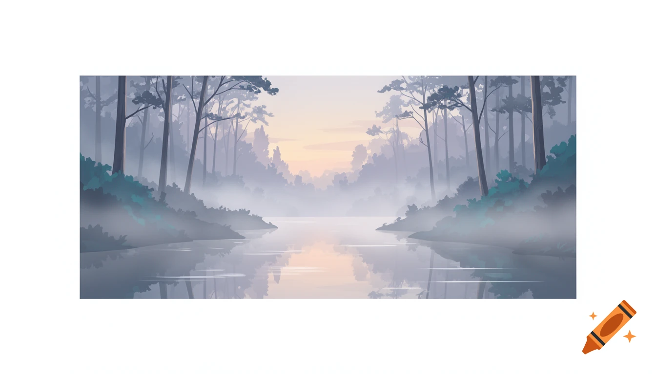 Clean digital illustration of a misty forest river at dawn with soft pastel light reflecting on calm water, isolated on white.