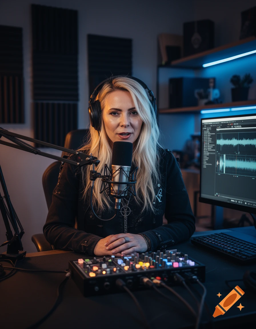 Photorealistic image of a blonde woman acting as a disc jockey in a recording studio, wearing headphones and speaking into a microphone.
