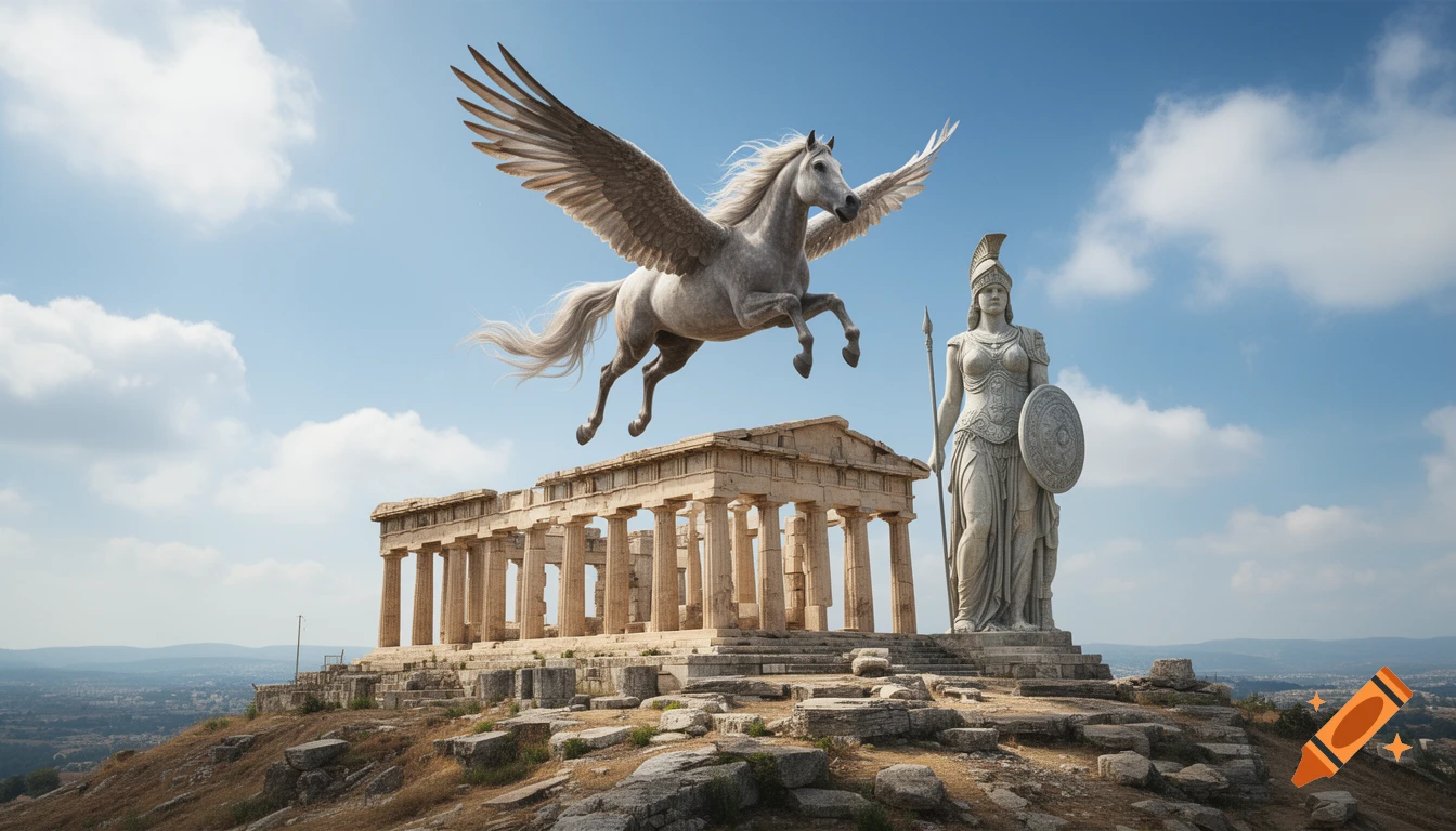 Photorealistic image of a winged white horse flying above an ancient Greek temple and a giant statue of Athena.