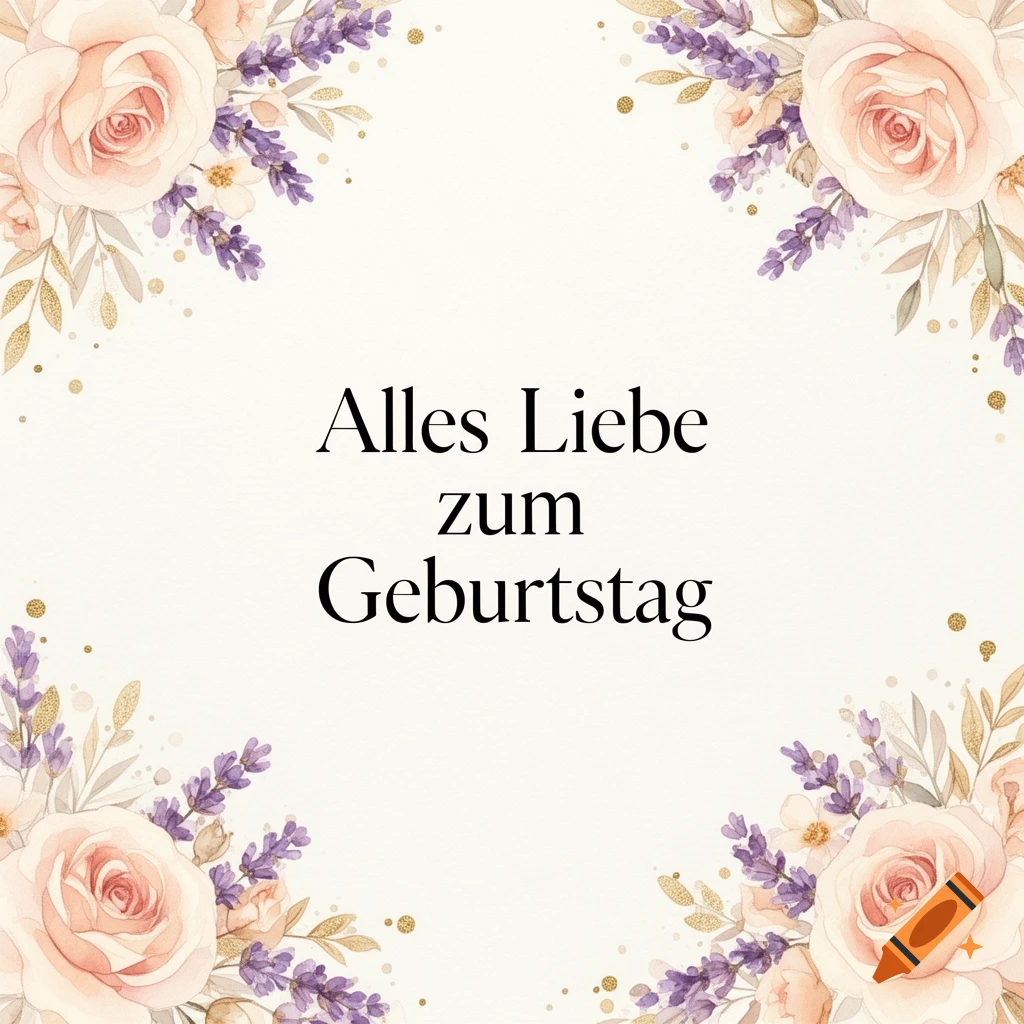 Watercolor birthday card with roses, lavender, and the German text Alles Liebe zum Geburtstag.