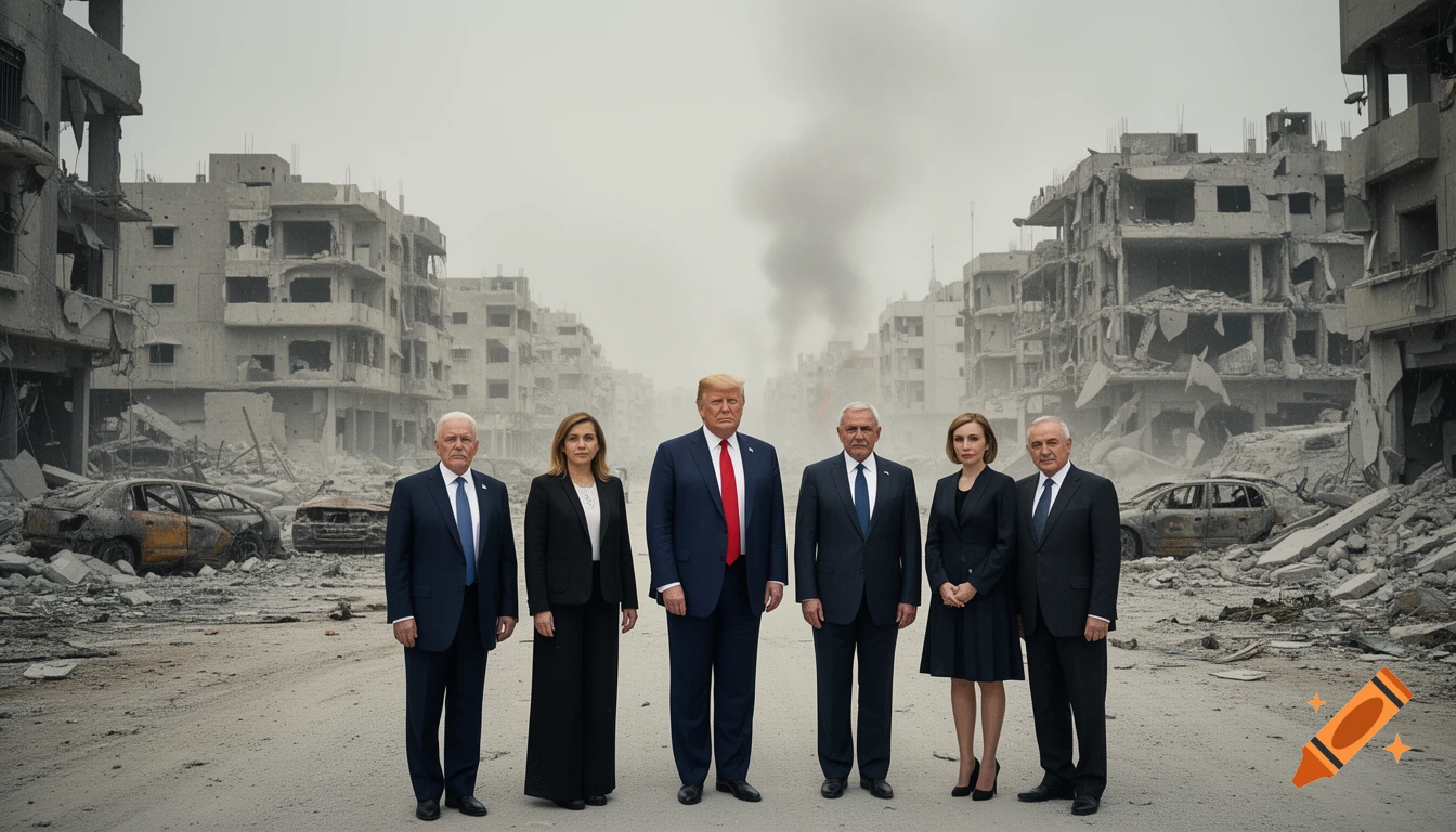 Donald Trump and five other figures in formal suits standing in the middle of a heavily destroyed urban warzone.