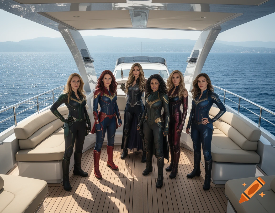 Photorealistic image of six female superheroes in Marvel-inspired suits standing on a luxury yacht deck.