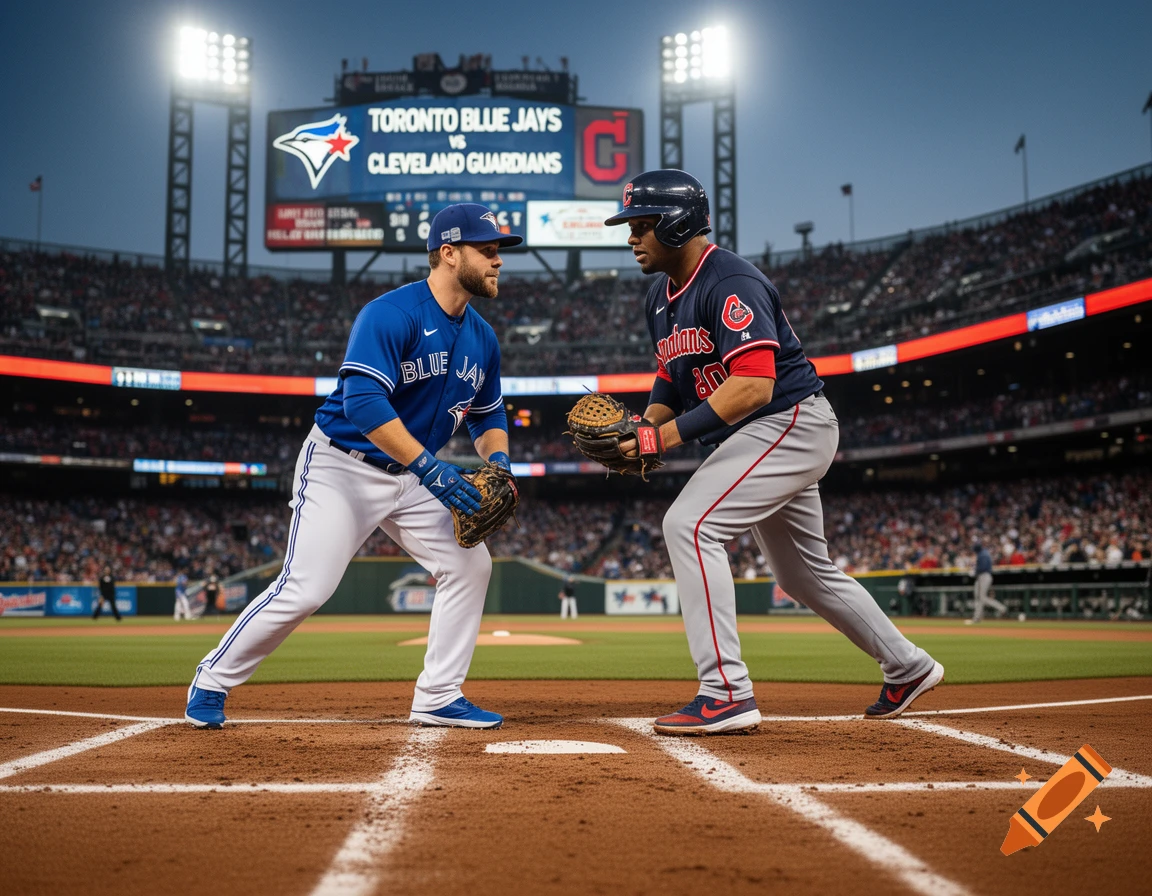 Photorealistic image of two baseball players facing each other on the field during a game, with a large stadium screen in the background.