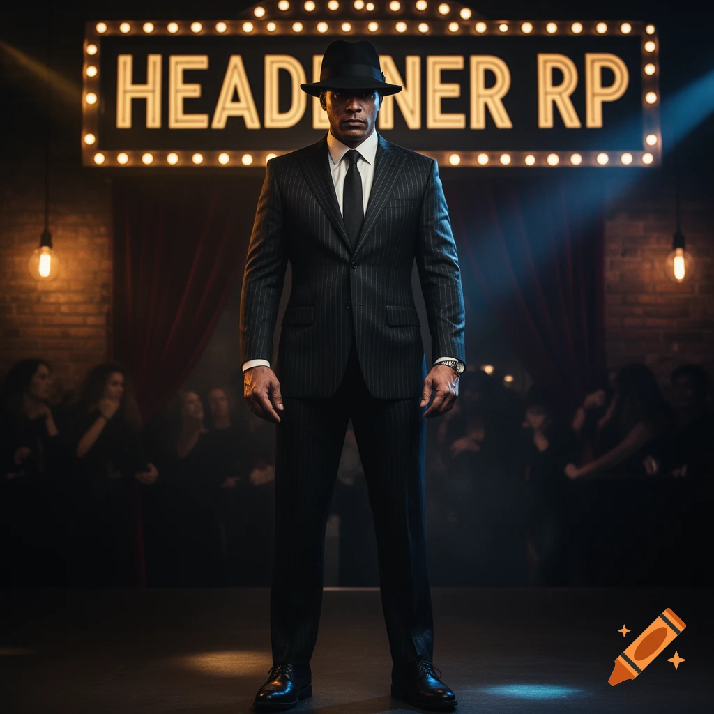 A man in a dark pinstripe suit and fedora standing in front of an illuminated 'HEADLINER RP' sign in a dimly lit venue.