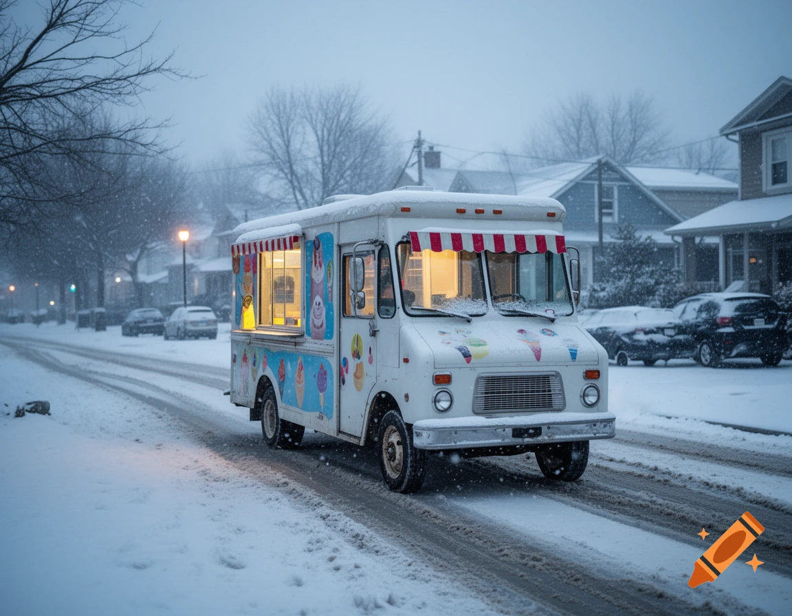 Photorealistic image of a white ice cream truck driving down a snowy residential street during a snowstorm.