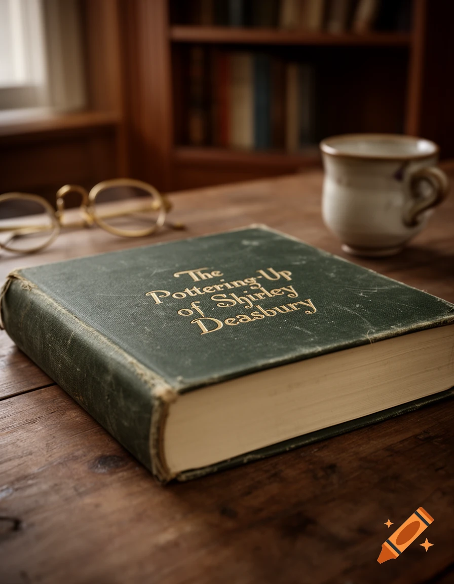Close-up of a green vintage book titled 'The Pottering-Up of Shirley Deasbury' on a wooden table, with glasses and a mug in the background.