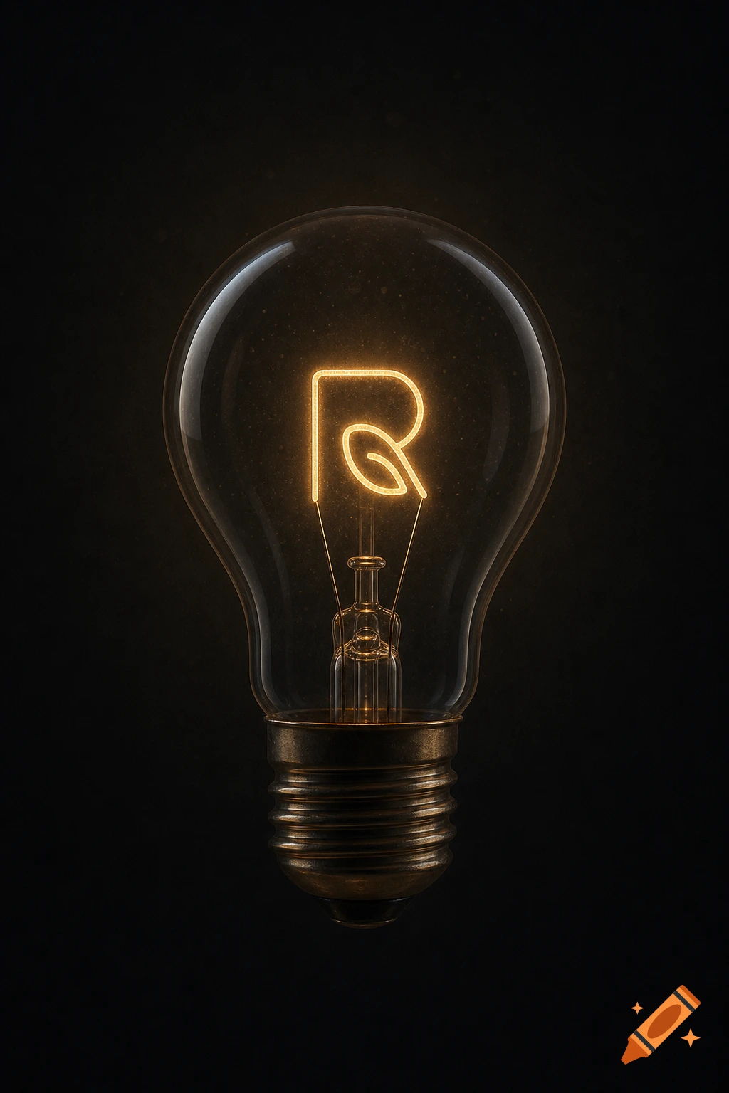 Photorealistic close-up of a lit glass lightbulb against a dark background, featuring a glowing filament shaped like the letter R with a leaf.