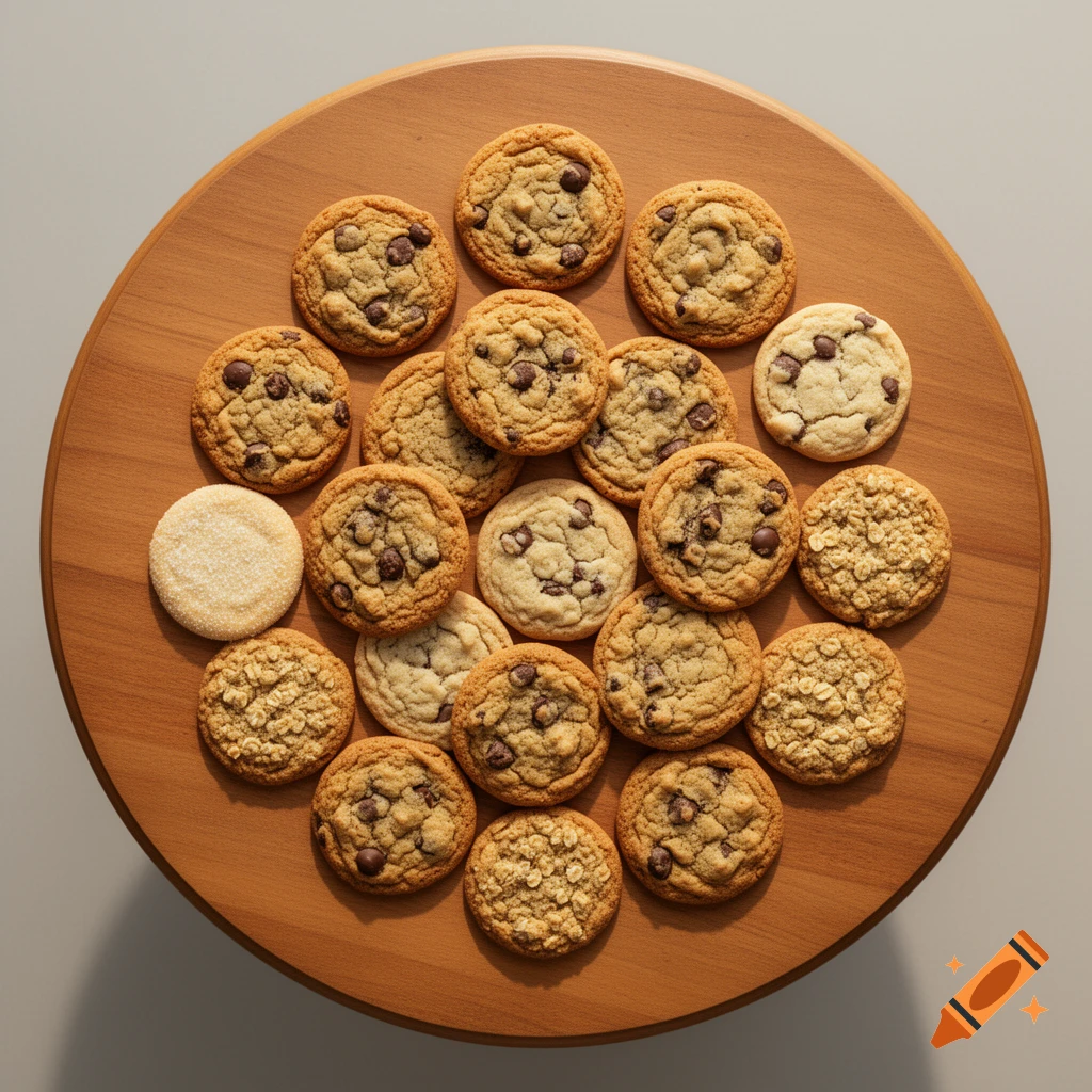 Top-down view of various chocolate chip and oatmeal cookies arranged on a round wooden table.