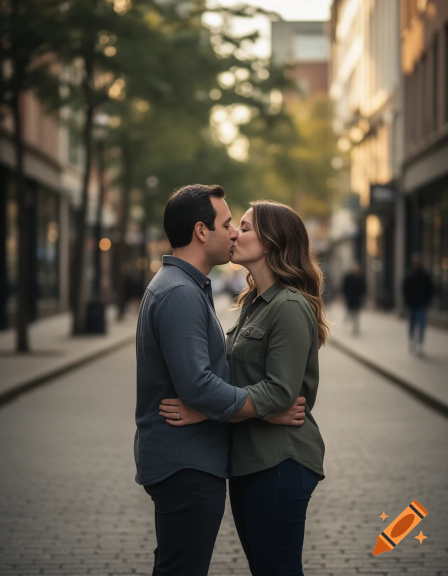 Photorealistic image of a couple kissing in the middle of a city street during golden hour.