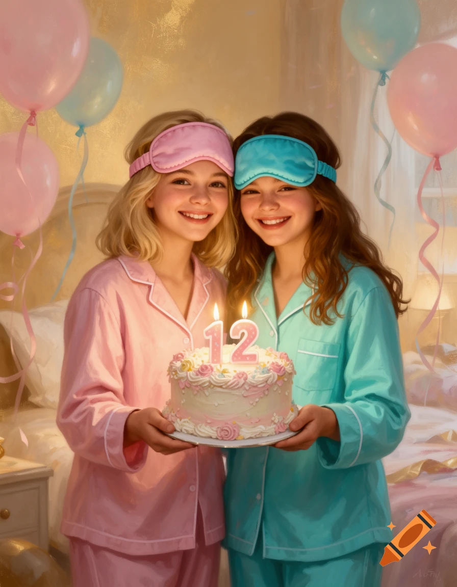 Two smiling teenage girls in matching pajamas and sleeping masks holding a birthday cake with the number 12 candles, painted style.