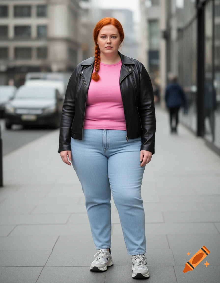 Photorealistic full-body shot of a curvy woman with a red braided hair, wearing a pink shirt, black leather jacket, and light blue jeans on a city sidewalk.