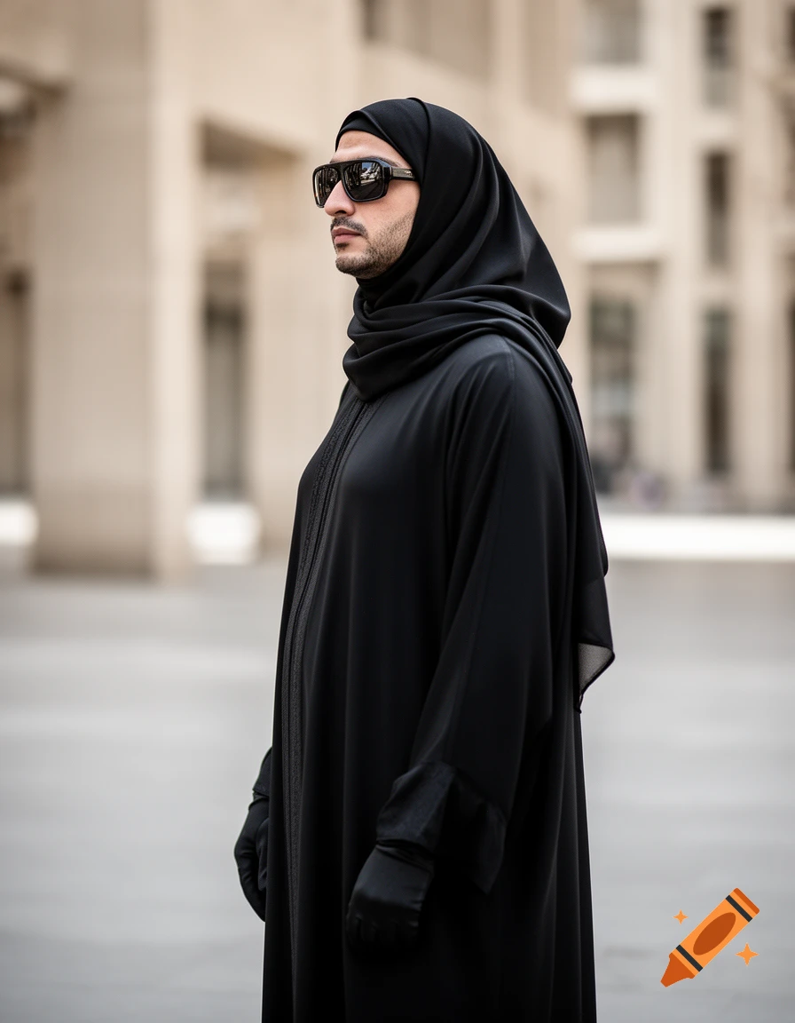 Photorealistic side profile of a person wearing a black abaya, hijab, sunglasses, and gloves, standing outdoors.
