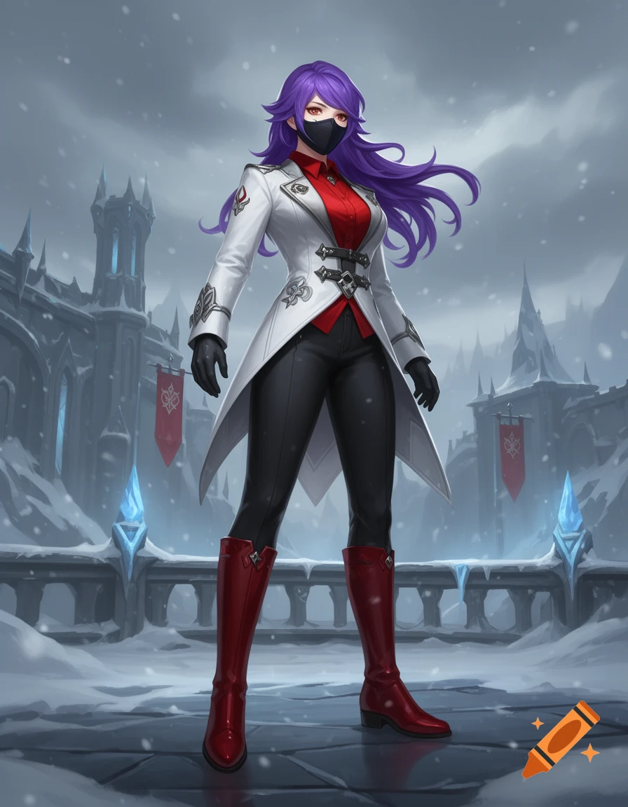 Digital illustration of a female character with purple hair and a black mask, wearing a white jacket, red shirt, and black pants, standing in a snowy fantasy castle setting.
