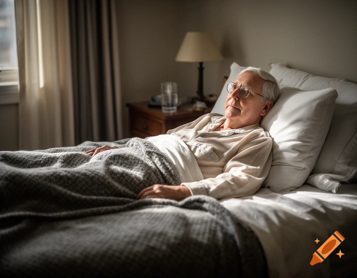 Photorealistic image of an elderly man with glasses lying in a hospital bed in a dimly lit room.