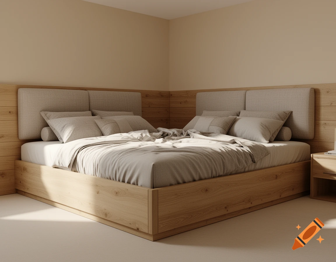 Photorealistic corner family bed with wooden paneling and neutral colored pillows and bedding.