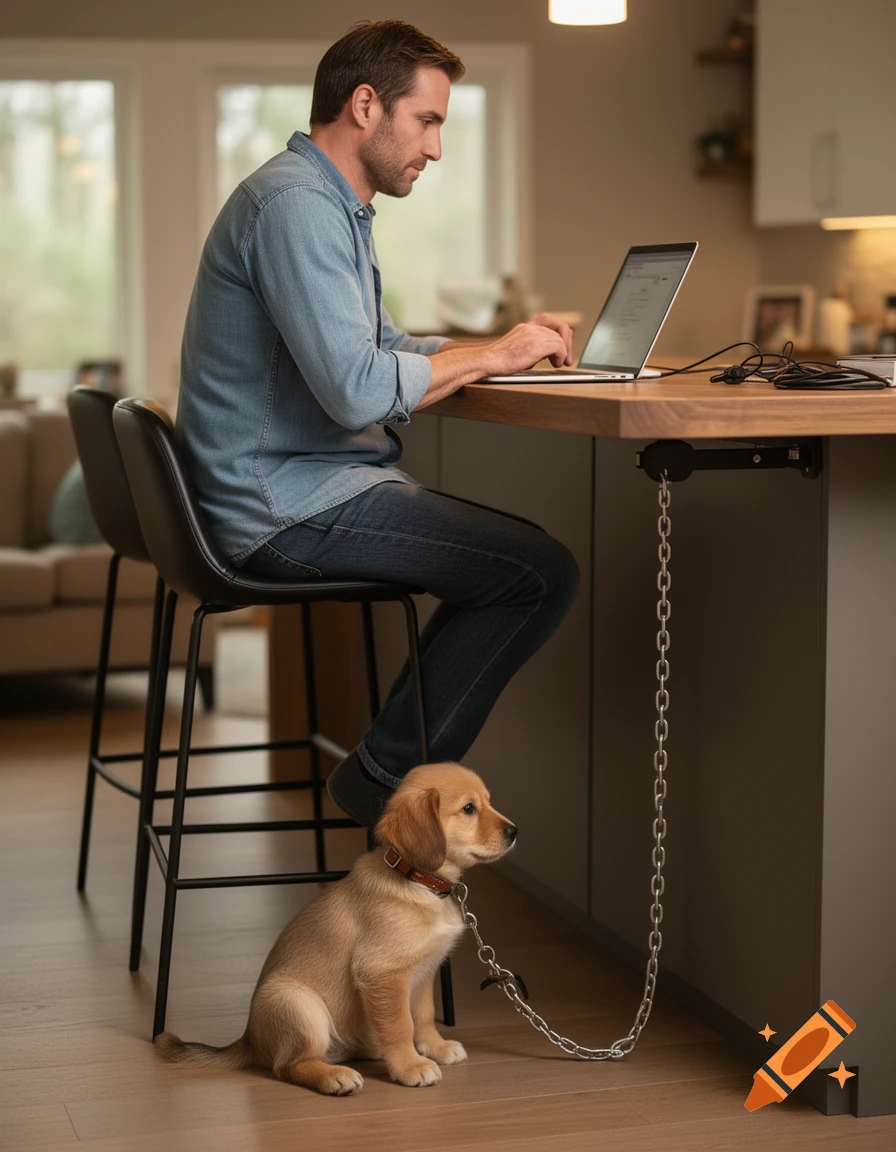 A man in a denim shirt sitting on a bar stool typing on a laptop, with a puppy chained to the counter below him, in a modern kitchen.