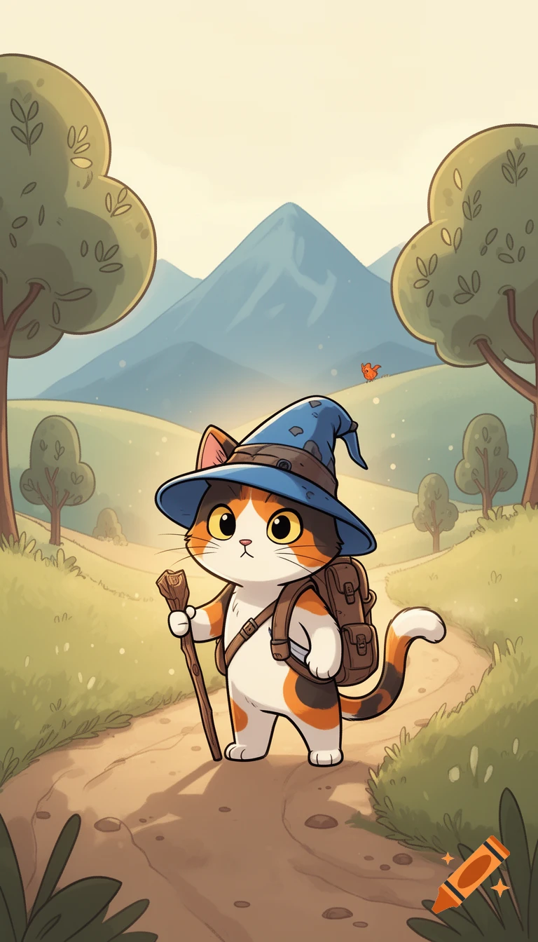 A cute calico kitten wearing a blue wizard hat and backpack, holding a wooden staff on a dirt path, digital cartoon illustration.