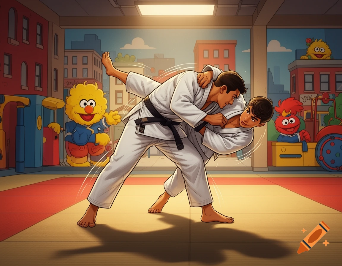 Two characters practicing jiu-jitsu in a dojo with Sesame Street characters in the background, anime style.