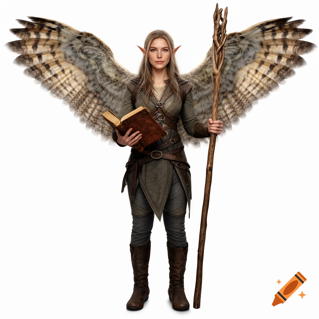 Photorealistic full-length portrait of a female elf with barred owl wings holding a book and a wooden staff against a white background.