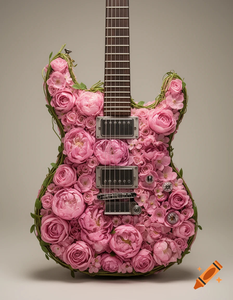 A photorealistic electric guitar intricately shaped and covered with various pink roses and green vines against a neutral background.