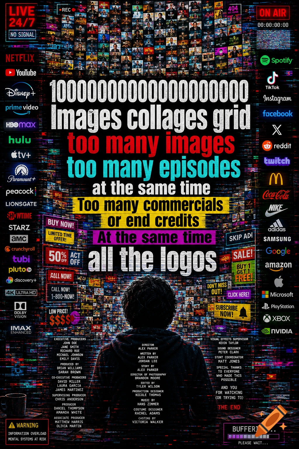 A person sitting in front of a massive wall of screens displaying streaming services, logos, and endless text overlays.