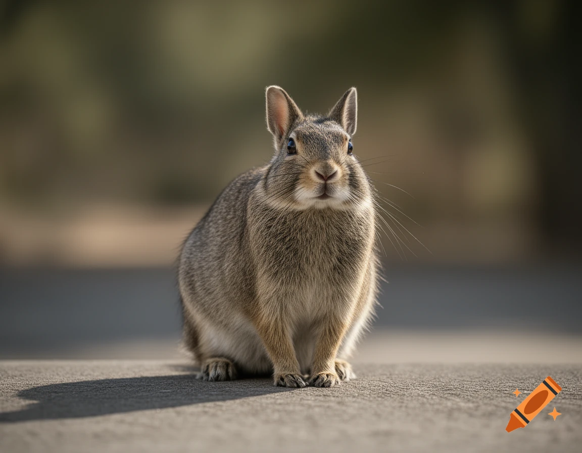 Photorealistic close-up of a small wild rabbit sitting on a concrete surface with a blurred background.