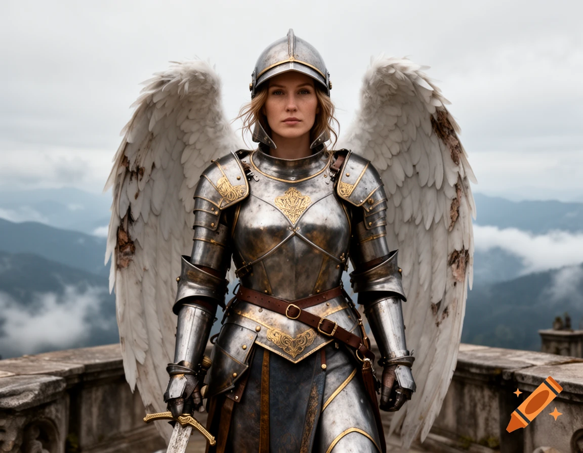 Photorealistic medium shot of a female angel wearing ornate steel armor with white feathered wings, standing on a stone balcony.
