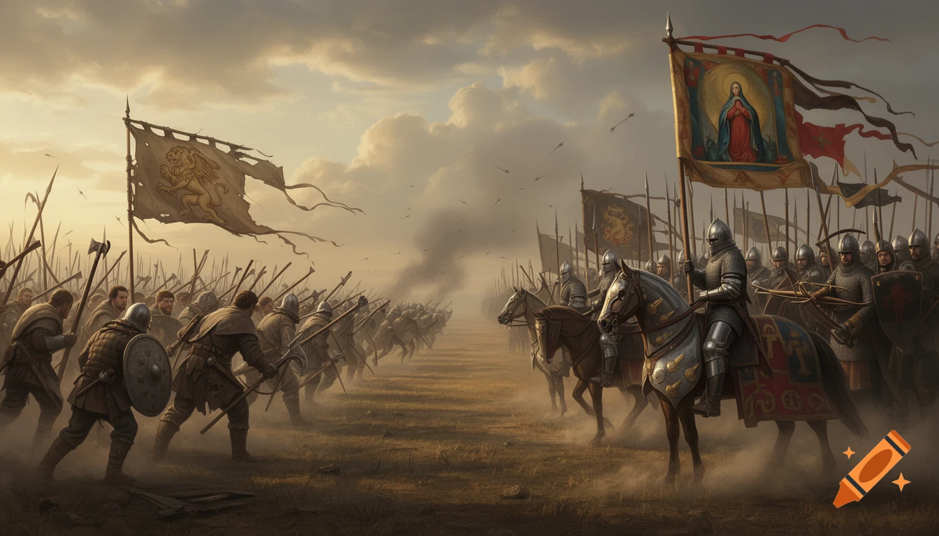 Digital painting of a 14th-century battlefield with knights on horseback, archers, and foot soldiers under an overcast sky.