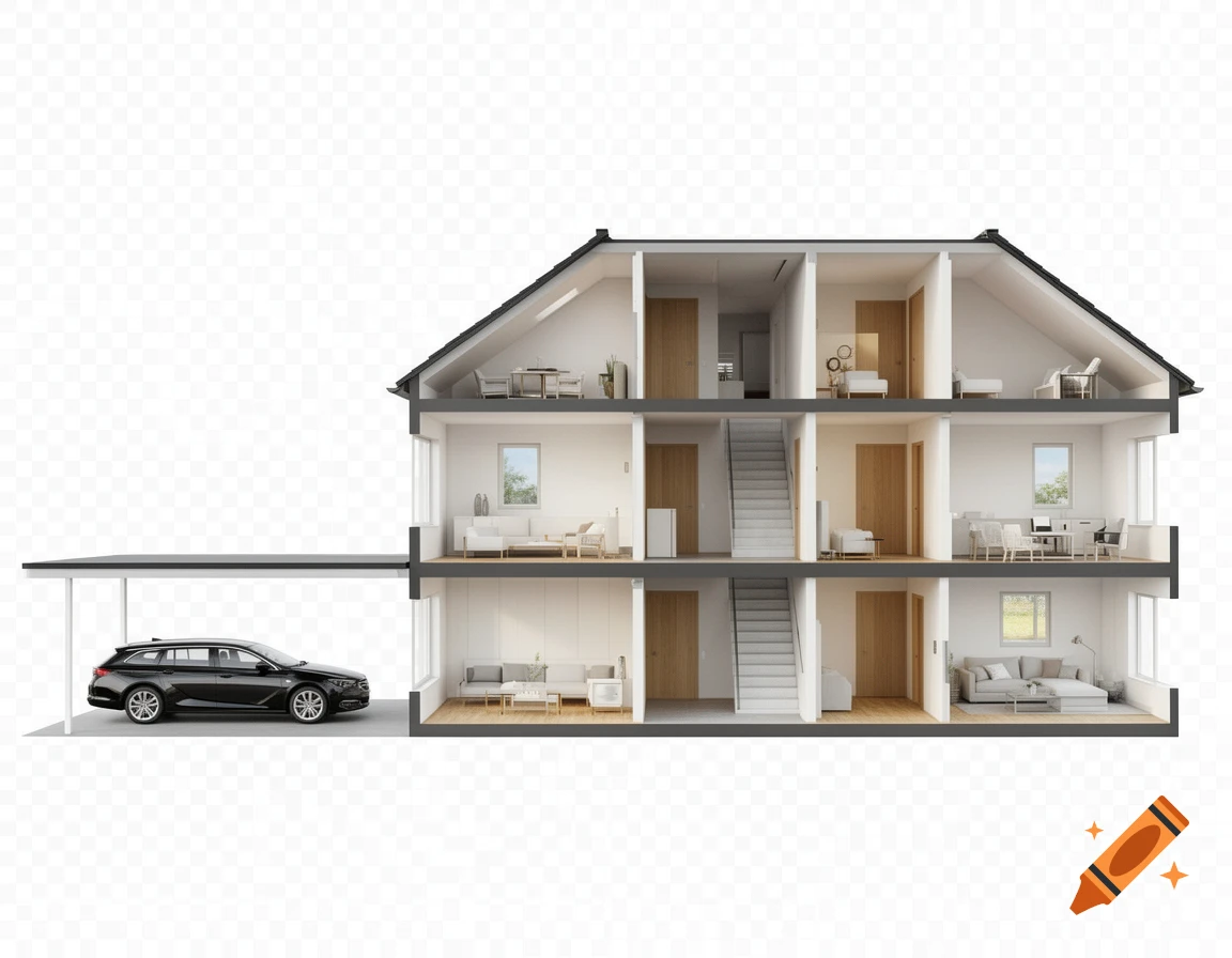 Architectural cutaway view of a modern three-story house with a transparent background and a parked black car under a carport.
