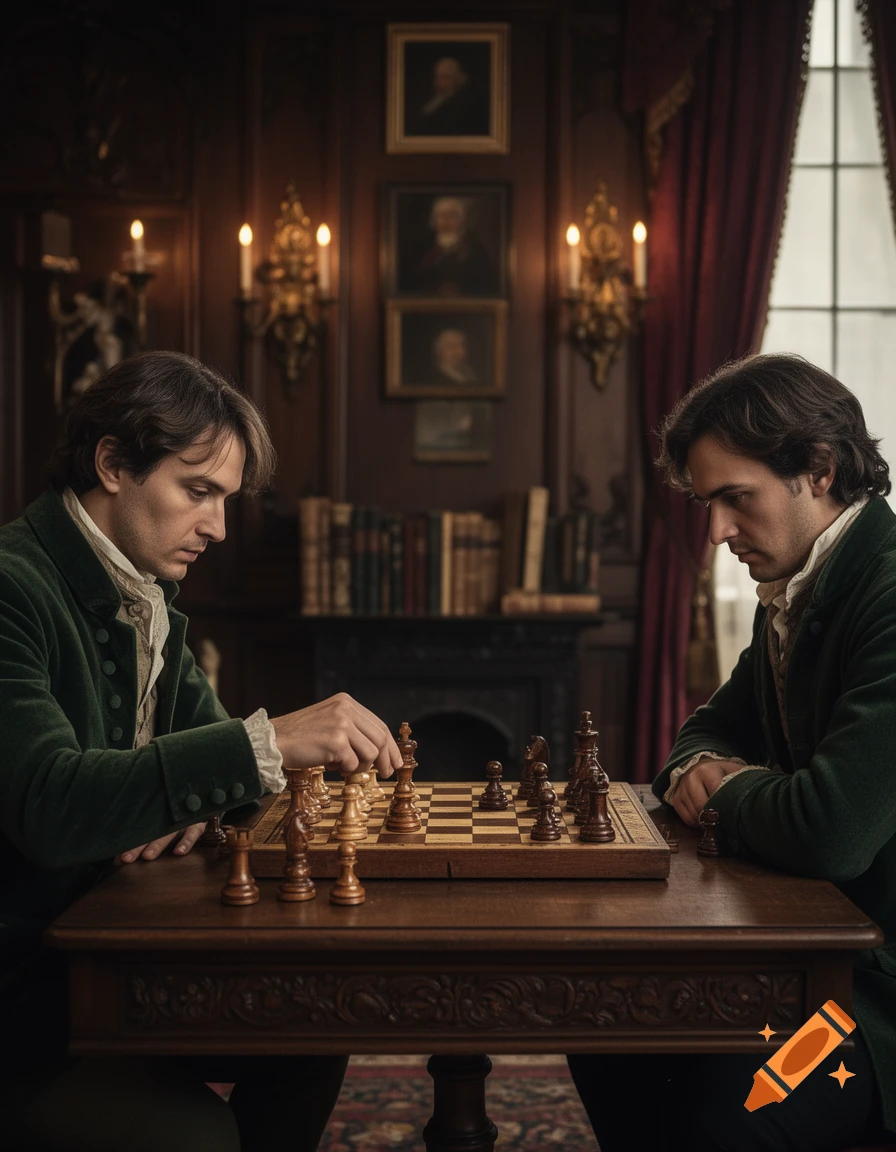 Photorealistic image of two identical men in historical green coats playing chess in a wood-paneled room with candles.