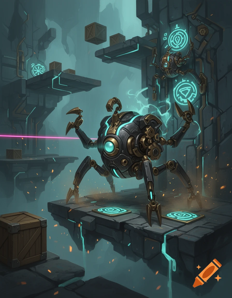 A spider-like robotic enemy with glowing blue accents standing on a stone platform in a cavernous sci-fi environment, digital art style.