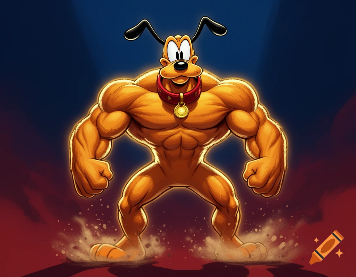 Pluto from Disney depicted as an extremely muscular, buff cartoon dog in a fighting stance with a red collar.
