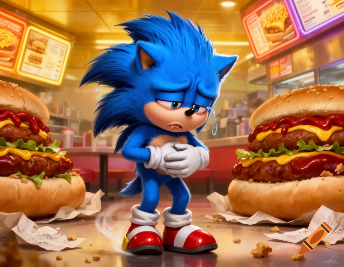 3D digital art of Sonic the Hedgehog looking sad and holding his stomach in a fast food restaurant between two large burgers.