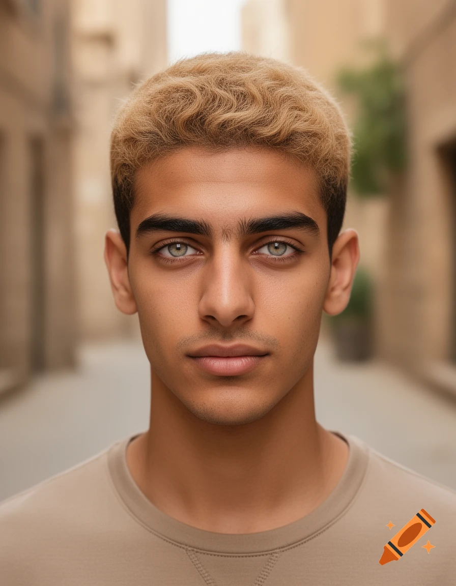 Close-up photorealistic portrait of a young man with sandy hair and light-colored eyes.