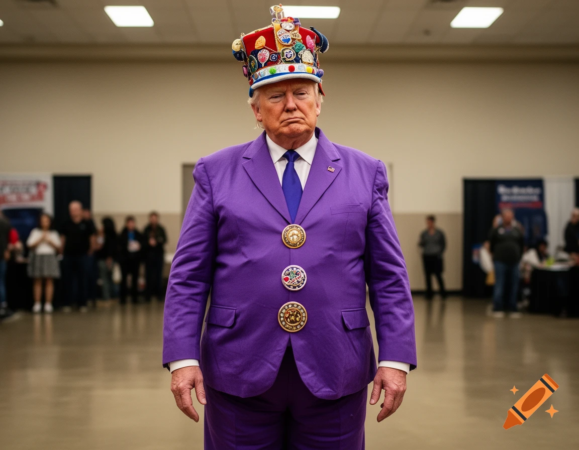 Photorealistic image of Donald Trump wearing a purple suit and an elaborate crown with colorful pins in a large hall.