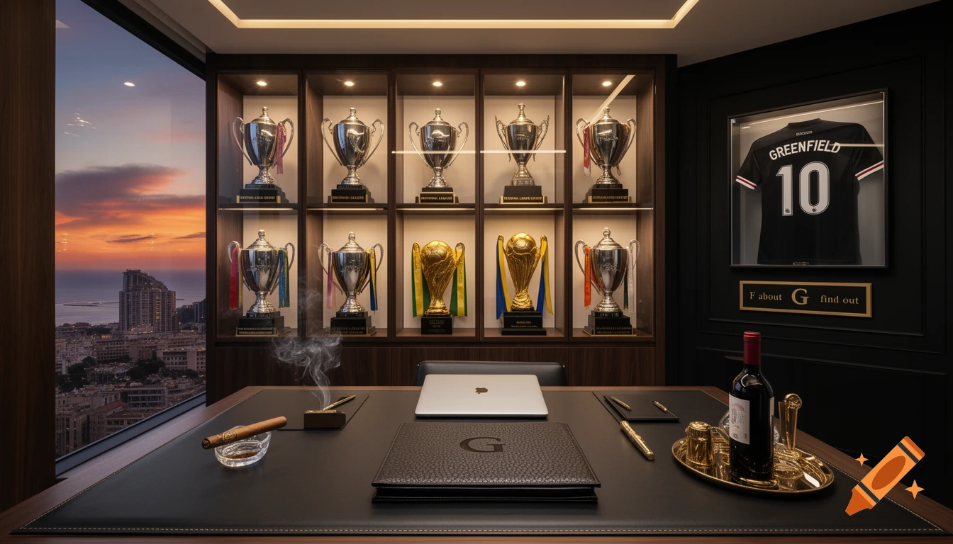 Photorealistic luxury trophy room with illuminated cabinets, football memorabilia, a leather desk, and sunset city view.