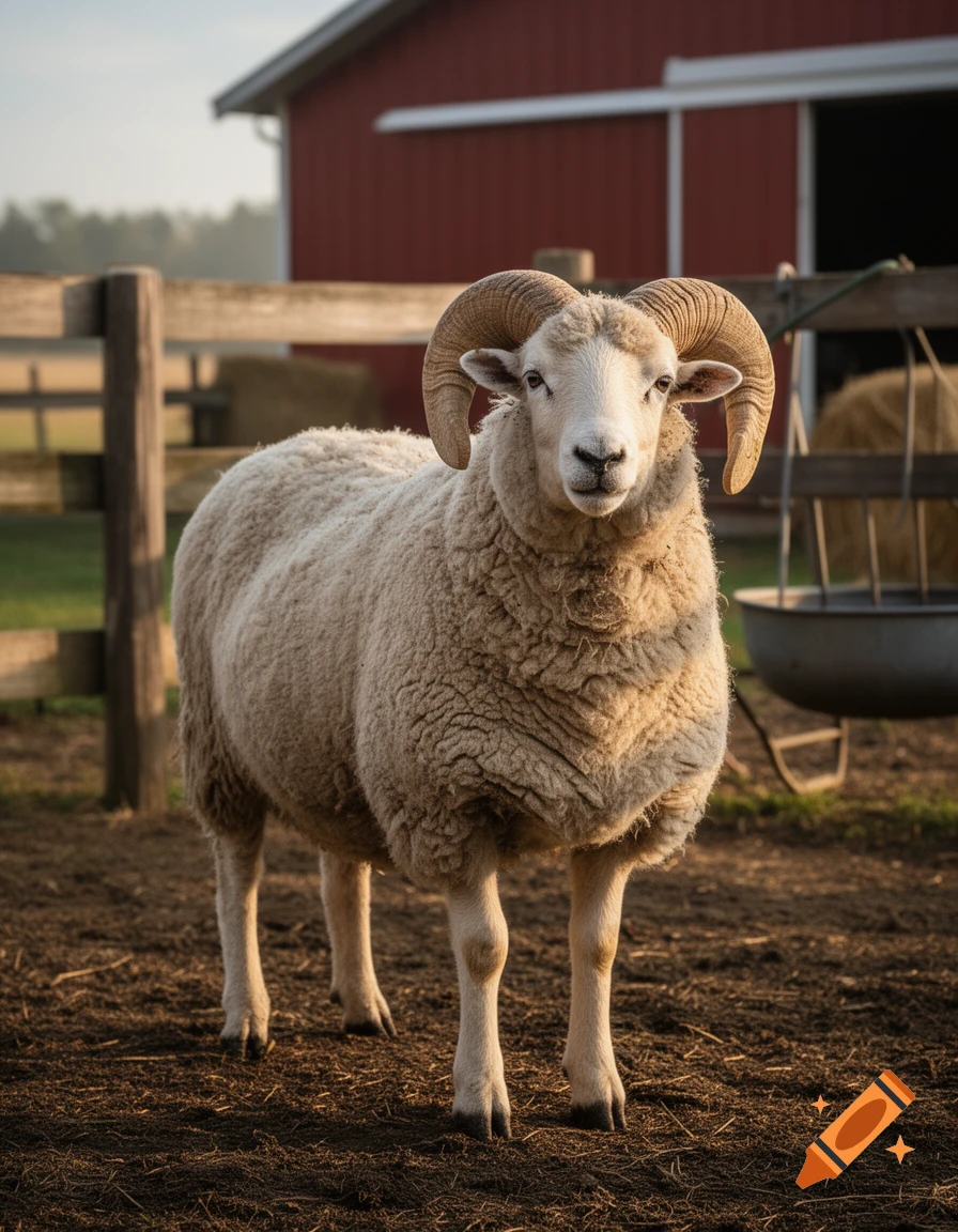 Photorealistic photo of a ram standing in a dirt enclosure with a red barn in the background.