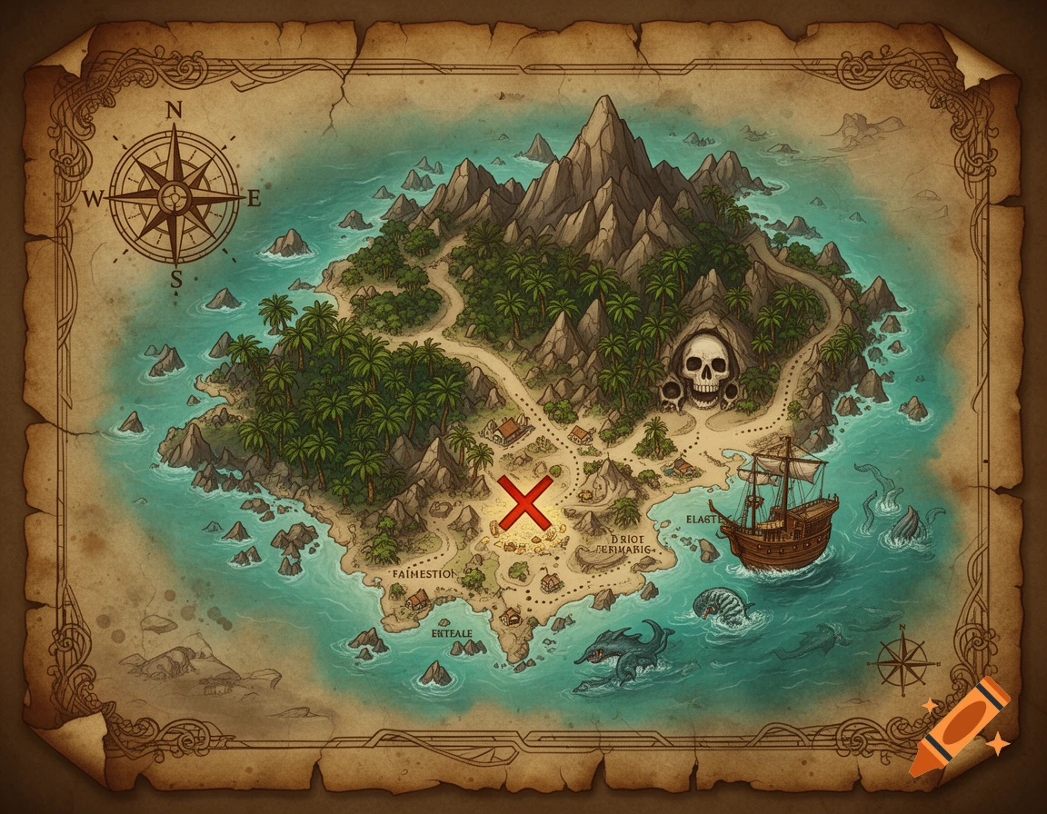 An illustrated fantasy pirate treasure map with a skull cave, ship, and a red X marking the spot, in an antique parchment style.