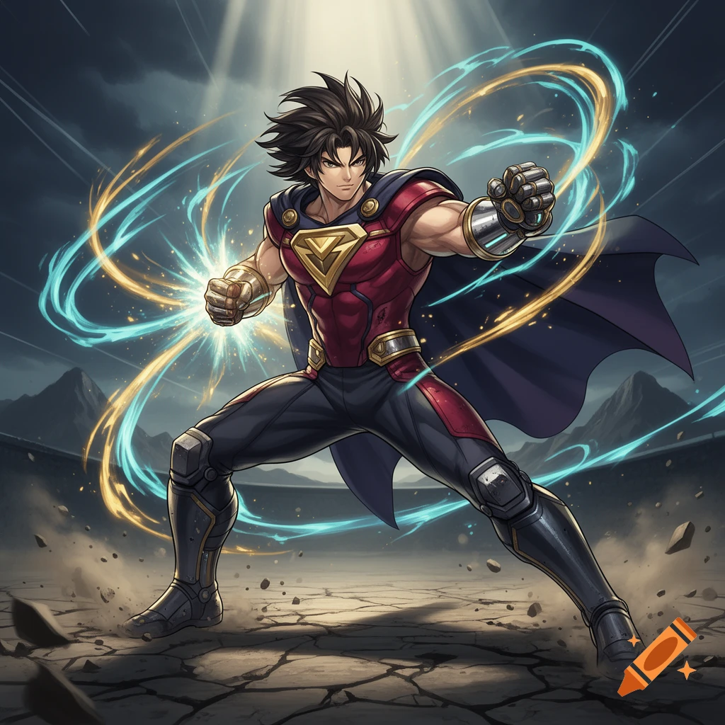 Anime style illustration of a male superhero in a martial arts stance with glowing energy auras and a cracked ground background.