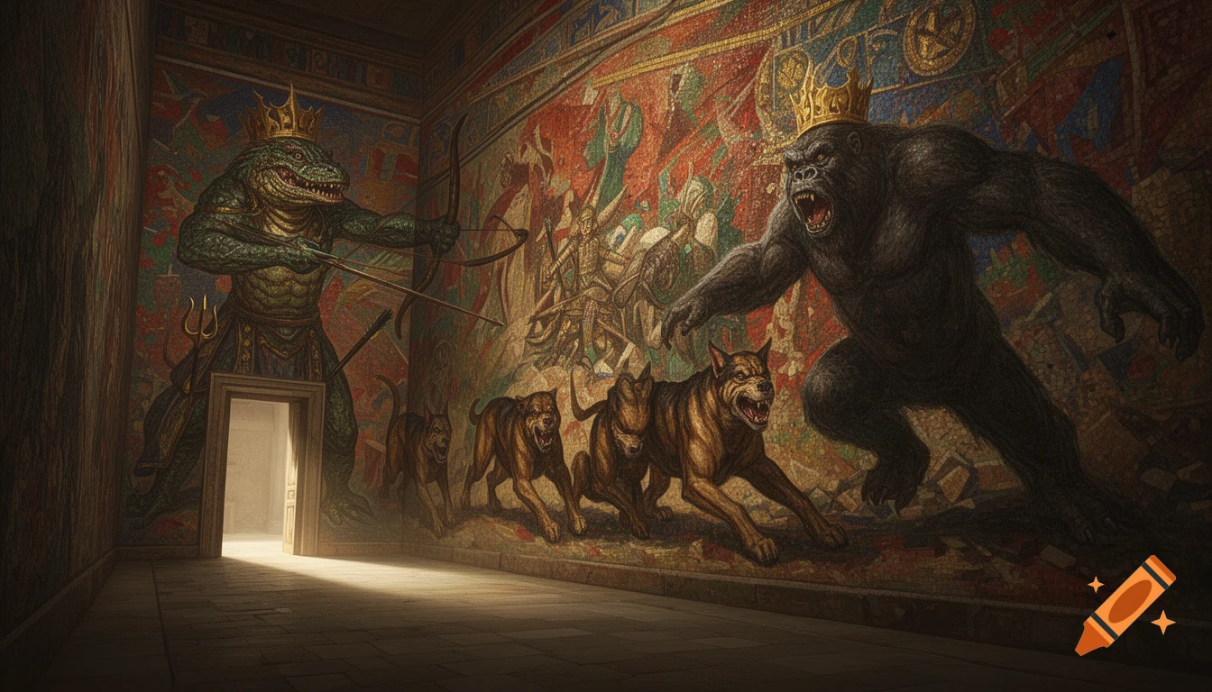 A mosaic mural on a hallway wall depicting a crowned lizard-man with a bow, a giant ape, and hounds in a fantasy scene.