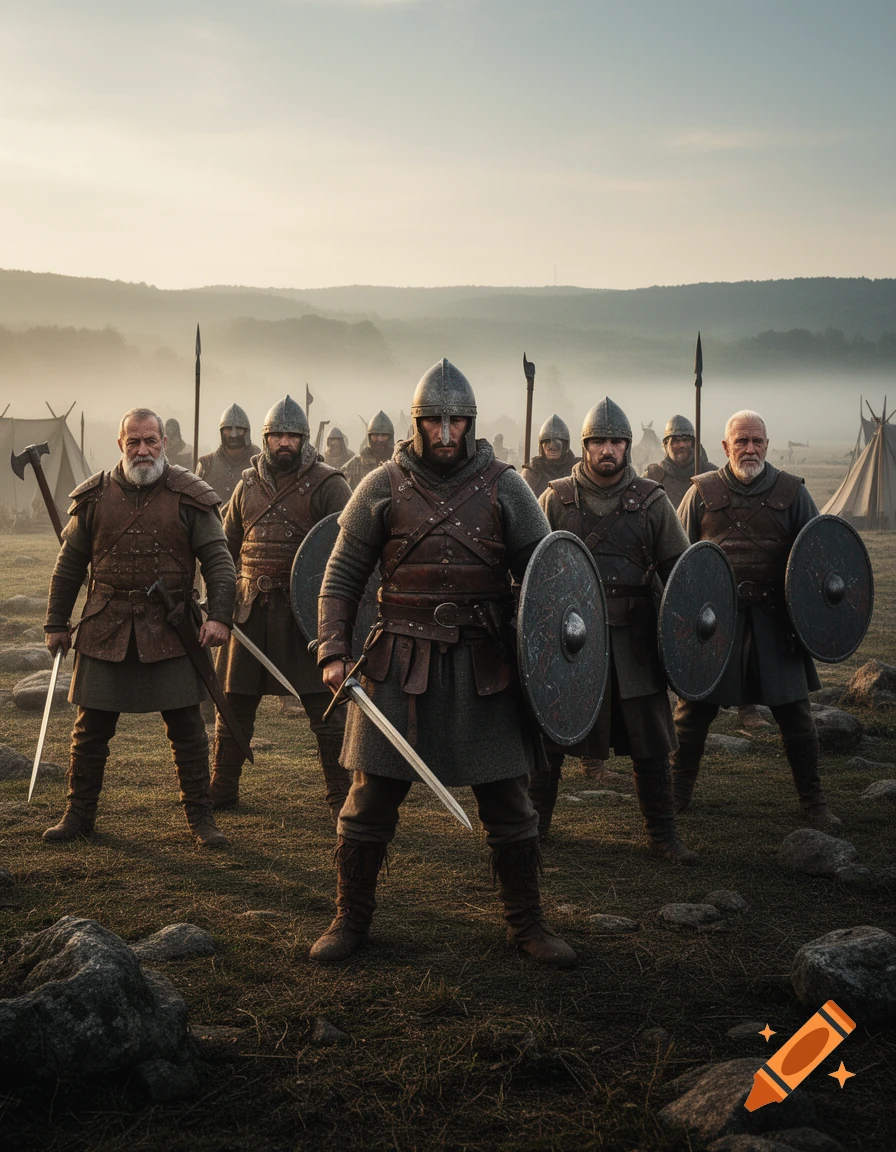Photorealistic image of a group of medieval warriors in armor holding swords and shields on a misty field.