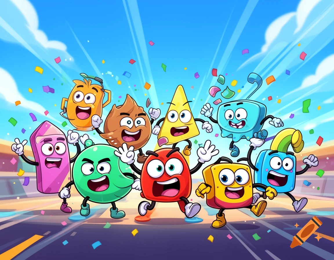 Digital illustration of colorful animated cartoon characters with expressive faces celebrating amidst confetti against a blue sky.
