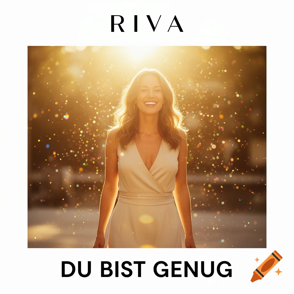 Album cover with the text RIVA at the top and DU BIST GENUG at the bottom, featuring a smiling woman in warm sunlight with golden sparkles.