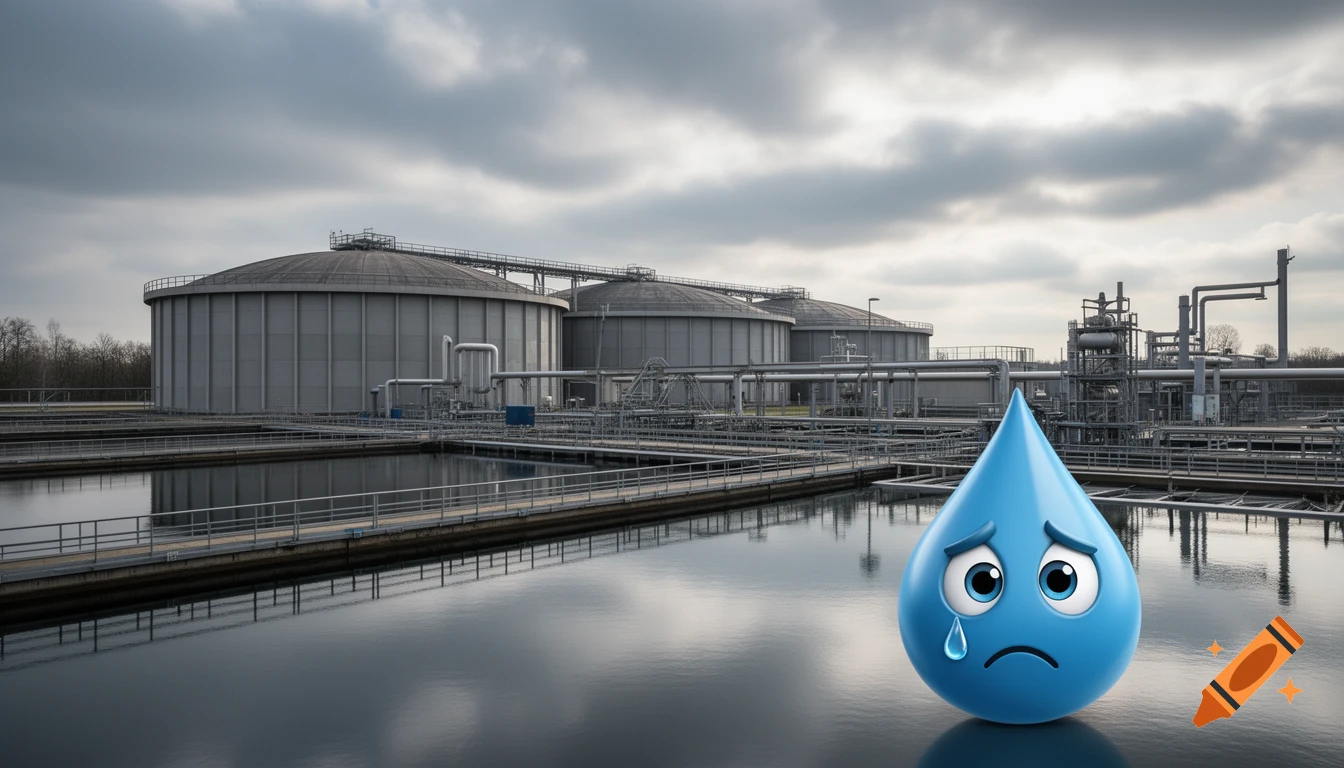An industrial wastewater treatment plant under a cloudy sky, with a cute sad blue water drop character in the foreground. Photographic background with 3D animated character.